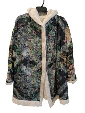 Johnny Was Sherpa Lined Hooded Jacket XL Floral Snap Button Oversized Coat Boho